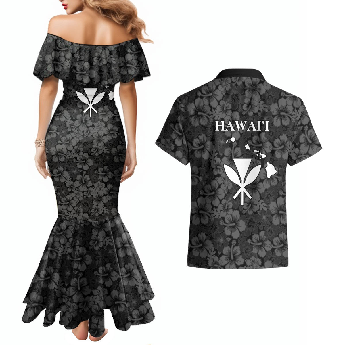 Hawaii Lei Kamehameha Couples Matching Mermaid Dress and Hawaiian Shirt Ele'ele Seamless Pattern Hibiscus Flower