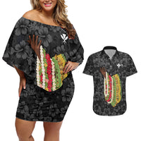 Hawaii Lei Kamehameha Couples Matching Off Shoulder Short Dress and Hawaiian Shirt Ele'ele Seamless Pattern Hibiscus Flower