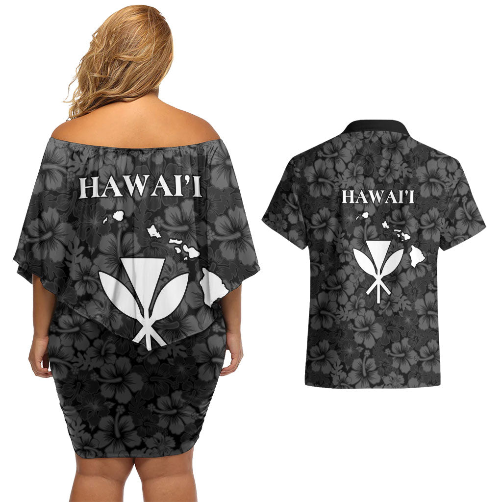 Hawaii Lei Kamehameha Couples Matching Off Shoulder Short Dress and Hawaiian Shirt Ele'ele Seamless Pattern Hibiscus Flower