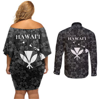 Hawaii Lei Kamehameha Couples Matching Off Shoulder Short Dress and Long Sleeve Button Shirt Ele'ele Seamless Pattern Hibiscus Flower