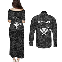 Hawaii Lei Kamehameha Couples Matching Puletasi and Long Sleeve Button Shirt Ele'ele Seamless Pattern Hibiscus Flower