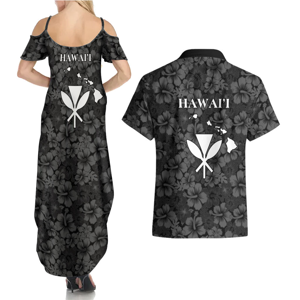 Hawaii Lei Kamehameha Couples Matching Summer Maxi Dress and Hawaiian Shirt Ele'ele Seamless Pattern Hibiscus Flower