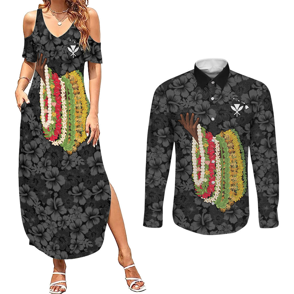 Hawaii Lei Kamehameha Couples Matching Summer Maxi Dress and Long Sleeve Button Shirt Ele'ele Seamless Pattern Hibiscus Flower LT9 Black - Polynesian Pride
