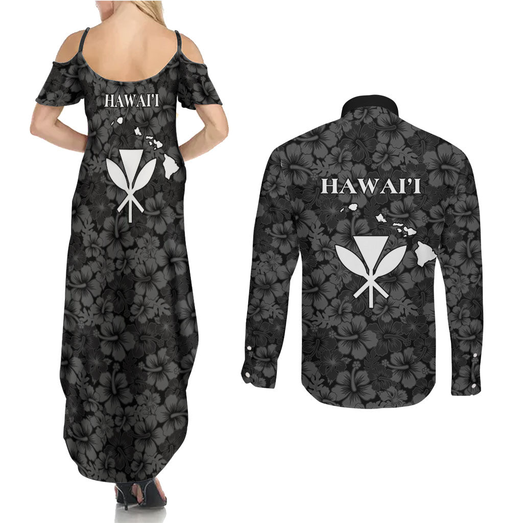Hawaii Lei Kamehameha Couples Matching Summer Maxi Dress and Long Sleeve Button Shirt Ele'ele Seamless Pattern Hibiscus Flower