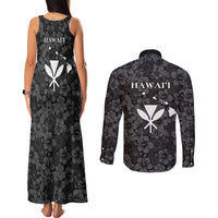 Hawaii Lei Kamehameha Couples Matching Tank Maxi Dress and Long Sleeve Button Shirt Ele'ele Seamless Pattern Hibiscus Flower