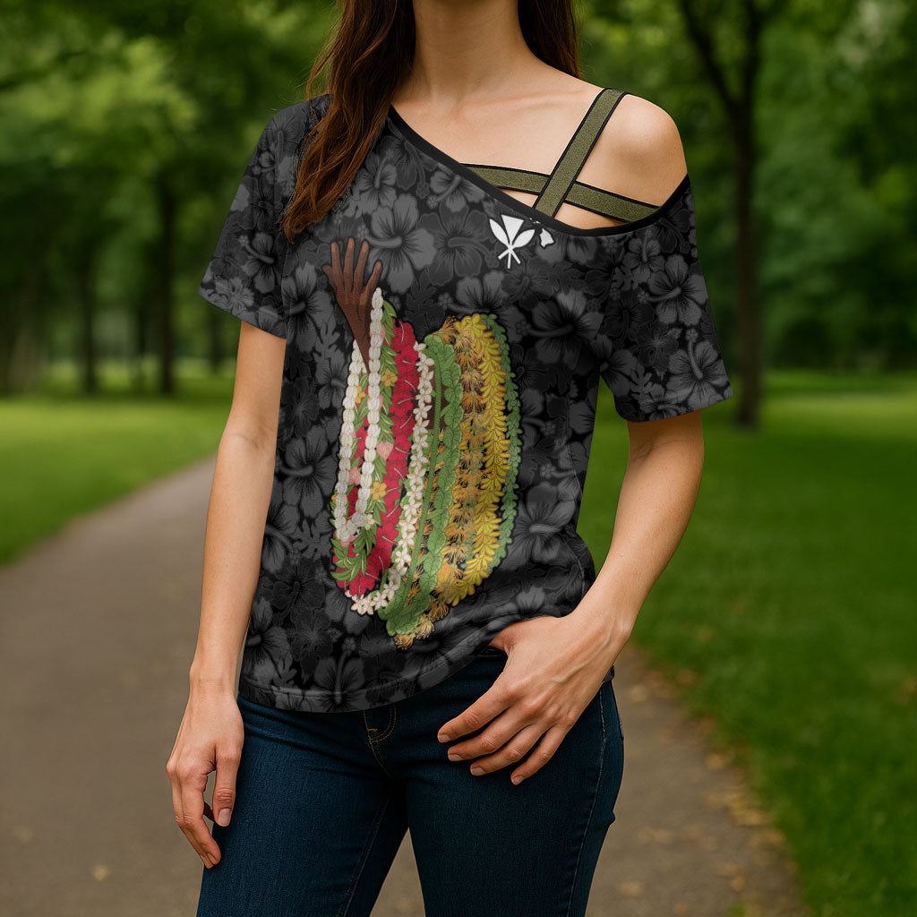 Hawaii Lei Kamehameha Cross Shoulder Shirt Ele'ele Seamless Pattern Hibiscus Flower