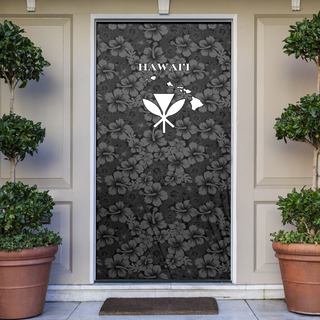 Hawaii Lei Kamehameha Door Cover Ele'ele Seamless Pattern Hibiscus Flower LT9 Black - Polynesian Pride