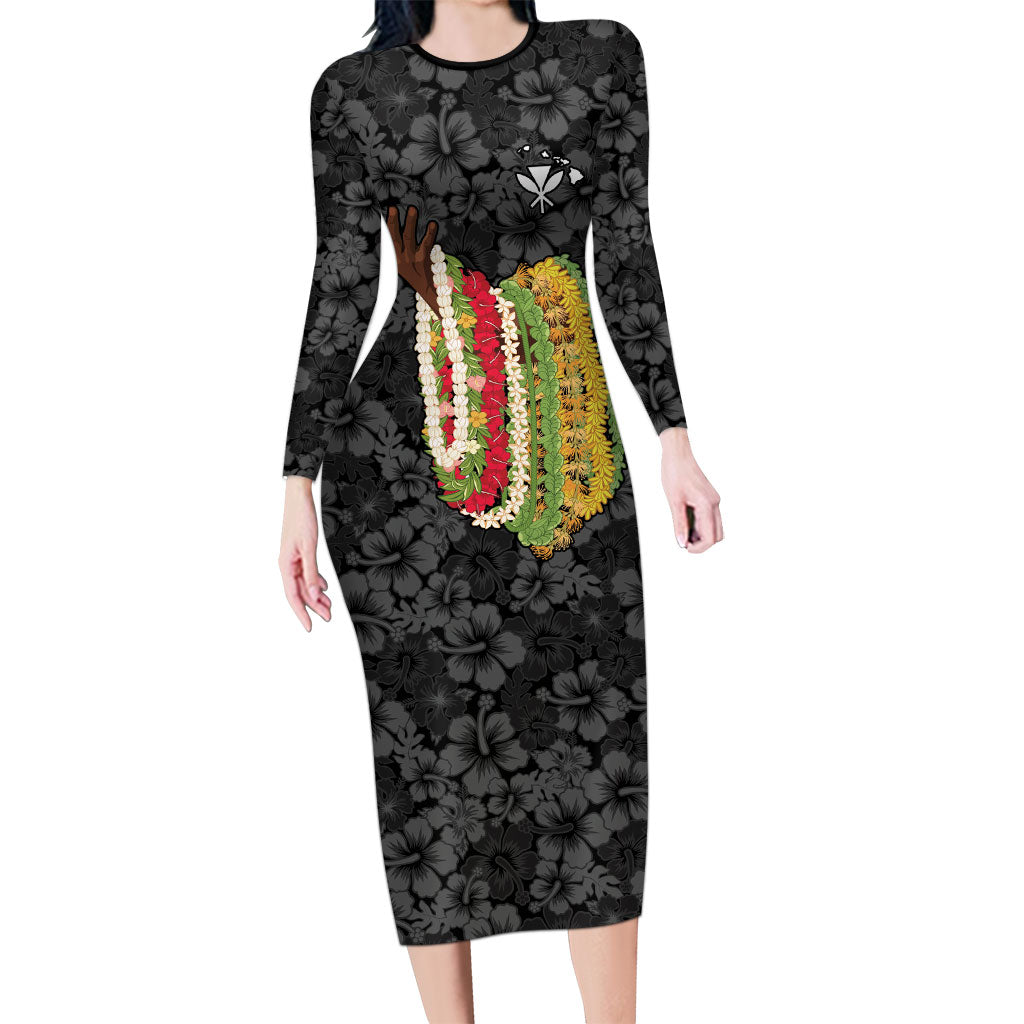 Hawaii Lei Kamehameha Family Matching Long Sleeve Bodycon Dress and Hawaiian Shirt Ele'ele Seamless Pattern Hibiscus Flower