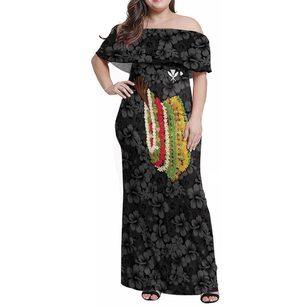 Hawaii Lei Kamehameha Family Matching Off Shoulder Maxi Dress and Hawaiian Shirt Ele'ele Seamless Pattern Hibiscus Flower