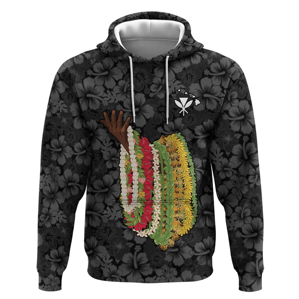Hawaii Lei Kamehameha Hoodie Ele'ele Seamless Pattern Hibiscus Flower LT9 Pullover Hoodie Black - Polynesian Pride