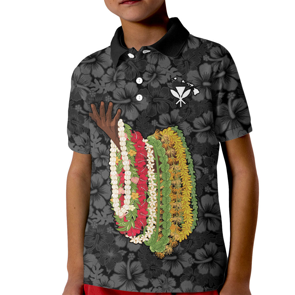 Hawaii Lei Kamehameha Kid Polo Shirt Ele'ele Seamless Pattern Hibiscus Flower LT9 Kid Black - Polynesian Pride