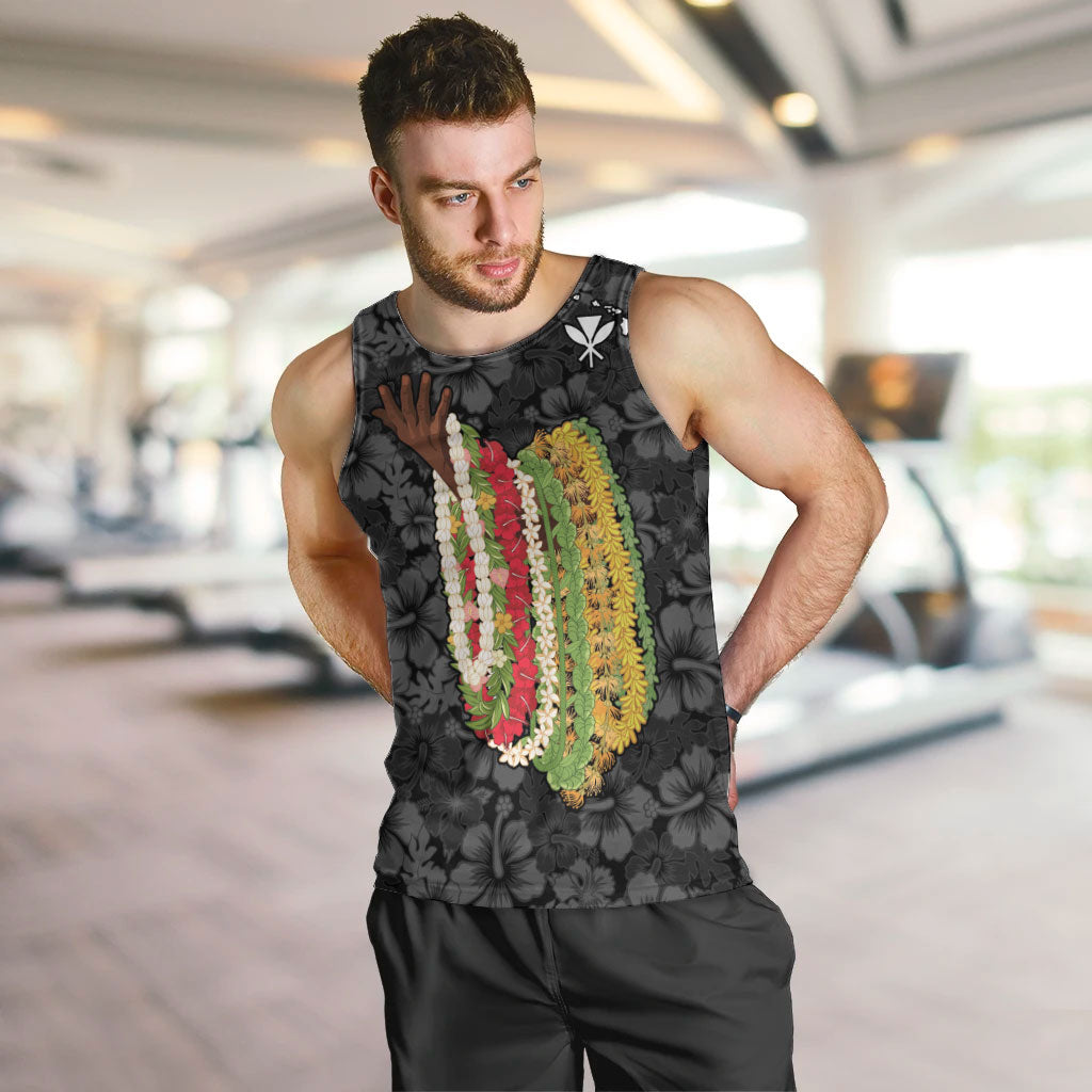 Hawaii Lei Kamehameha Men Tank Top Ele'ele Seamless Pattern Hibiscus Flower LT9 Black - Polynesian Pride
