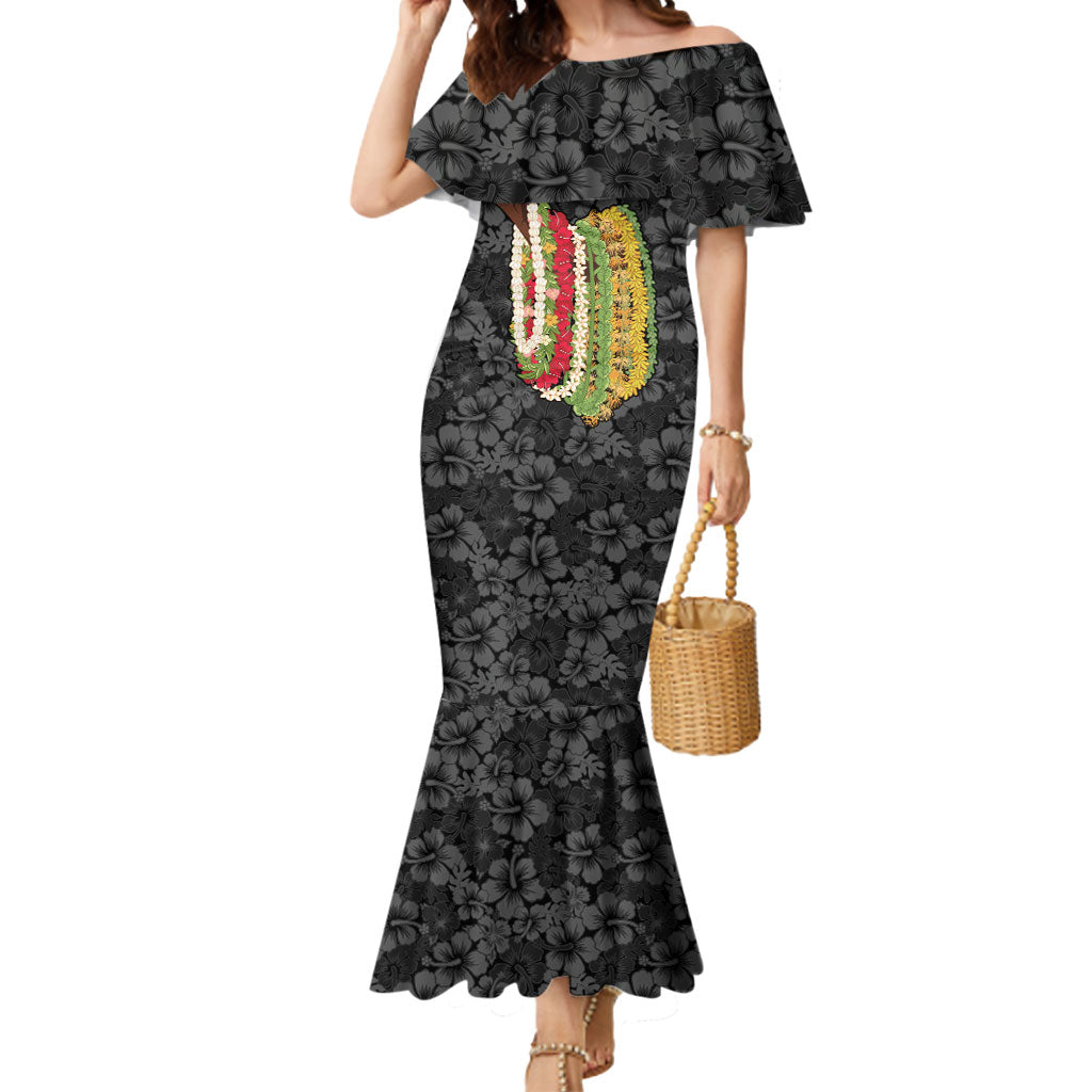 Hawaii Lei Kamehameha Mermaid Dress Ele'ele Seamless Pattern Hibiscus Flower LT9 Women Black - Polynesian Pride