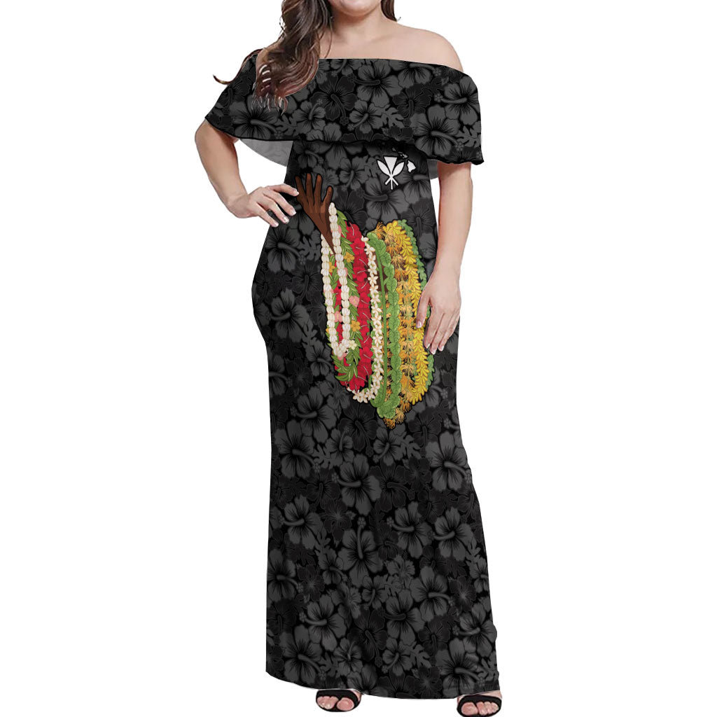 Hawaii Lei Kamehameha Off Shoulder Maxi Dress Ele'ele Seamless Pattern Hibiscus Flower LT9 Women Black - Polynesian Pride