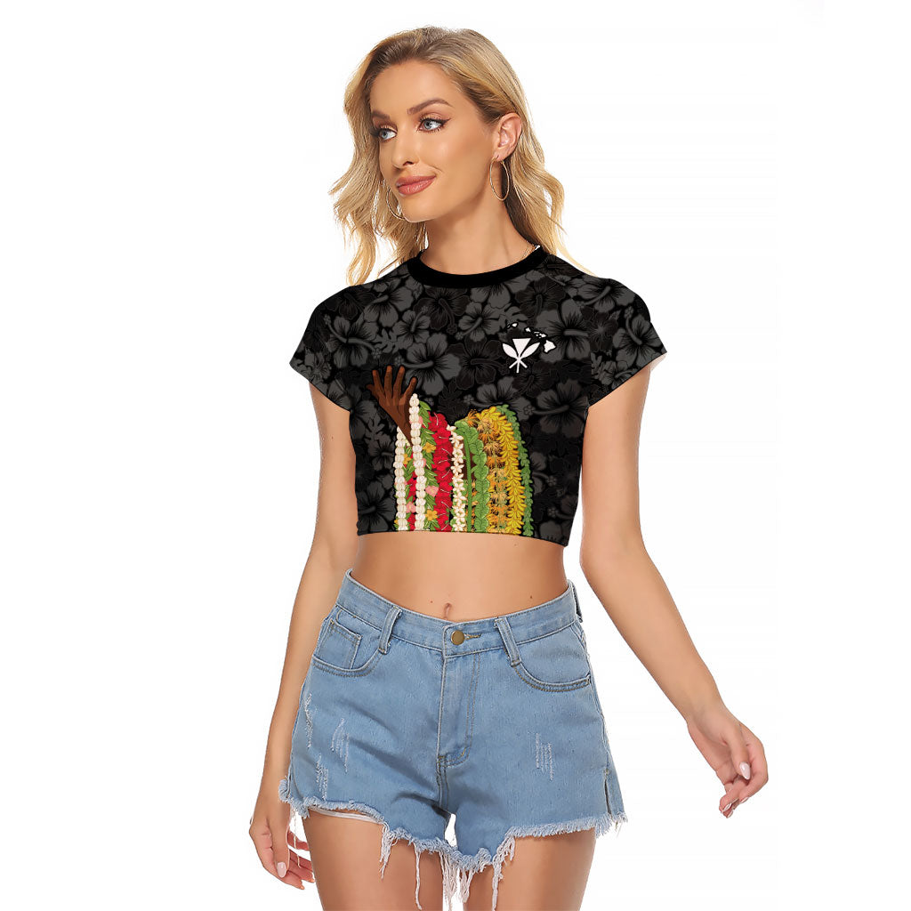 Hawaii Lei Kamehameha Raglan Cropped T Shirt Ele'ele Seamless Pattern Hibiscus Flower LT9 Female Black - Polynesian Pride