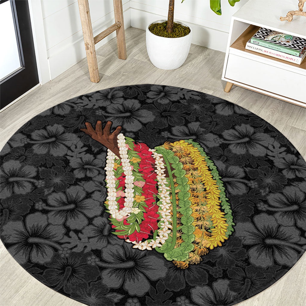 Hawaii Lei Kamehameha Round Carpet Ele'ele Seamless Pattern Hibiscus Flower LT9 Black - Polynesian Pride