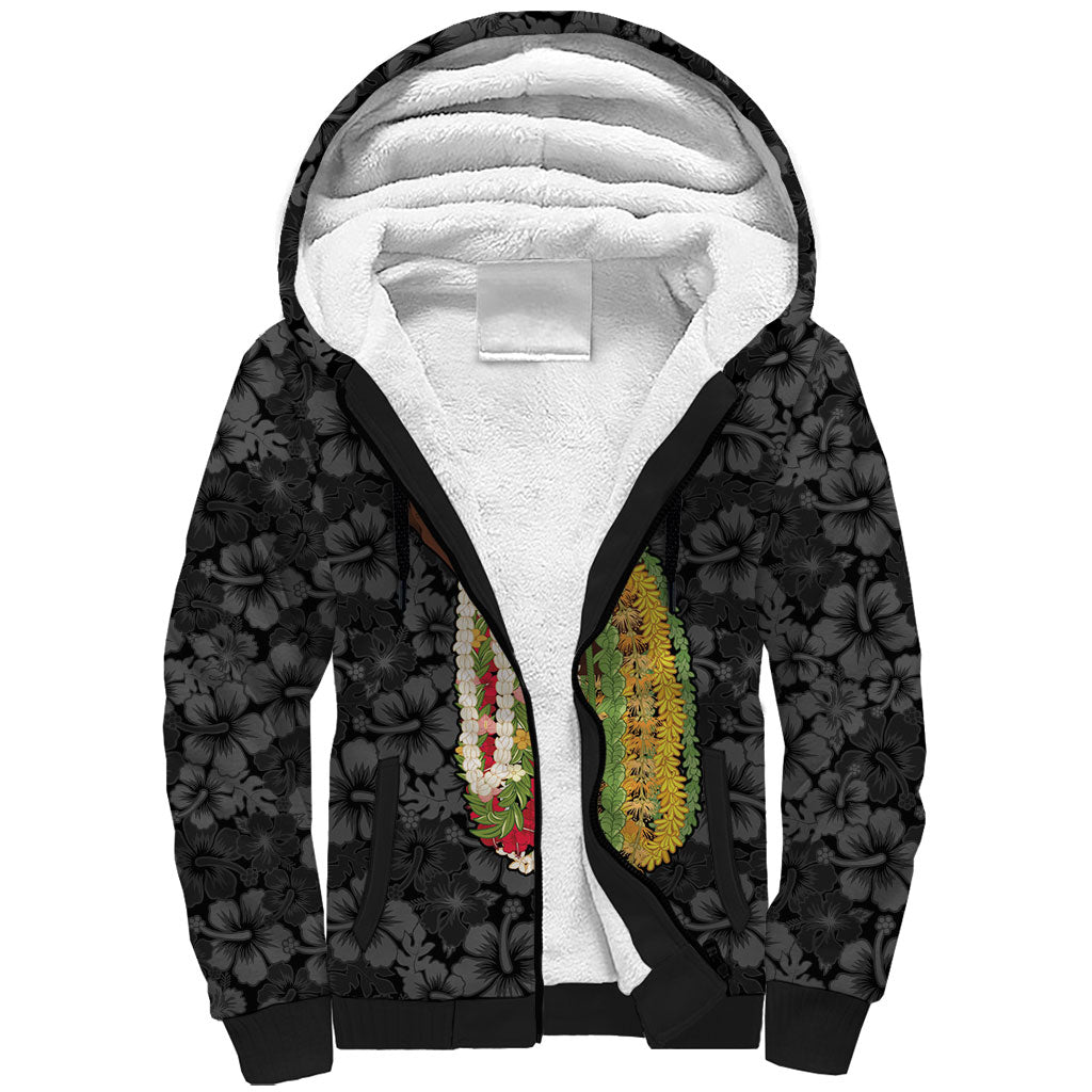 Hawaii Lei Kamehameha Sherpa Hoodie Ele'ele Seamless Pattern Hibiscus Flower LT9 Unisex Black - Polynesian Pride