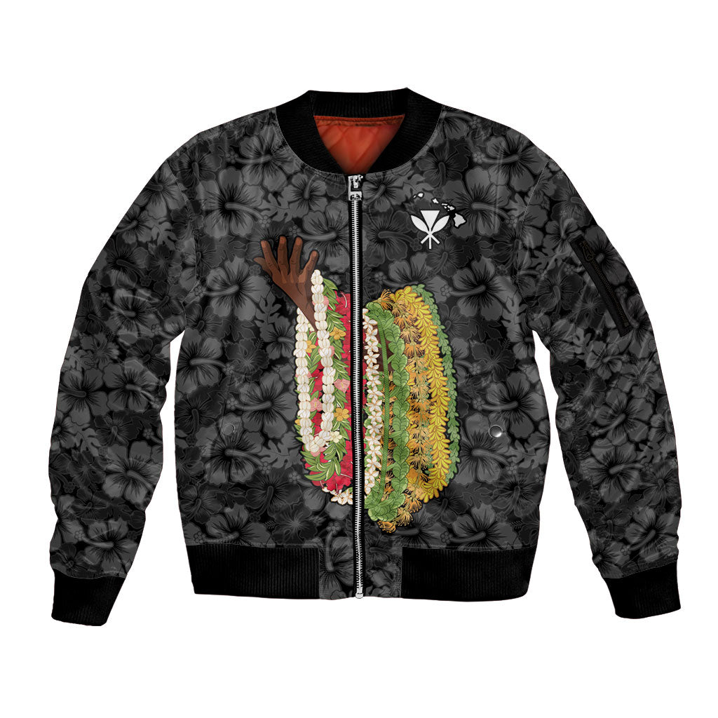 Hawaii Lei Kamehameha Sleeve Zip Bomber Jacket Ele'ele Seamless Pattern Hibiscus Flower LT9 Unisex Black - Polynesian Pride