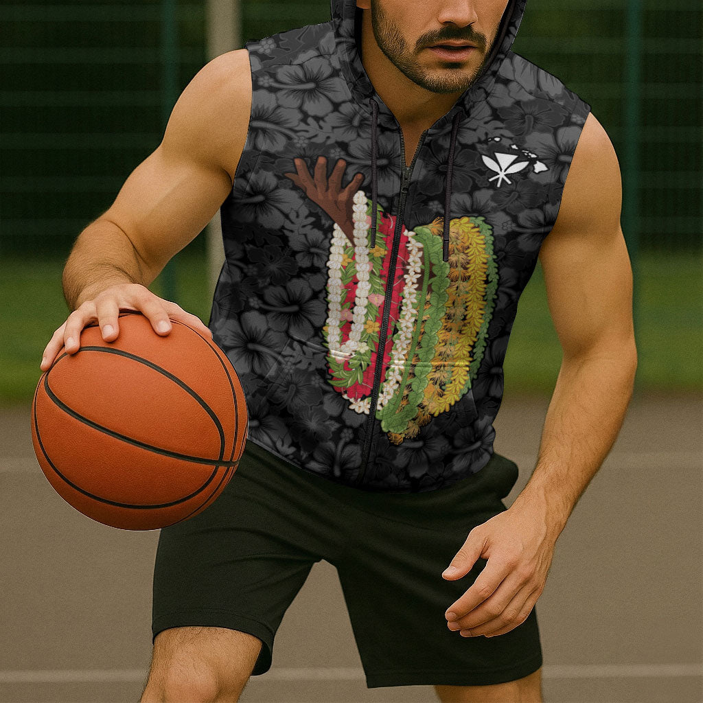 Hawaii Lei Kamehameha Sleeveless Zip Hoodie Ele'ele Seamless Pattern Hibiscus Flower