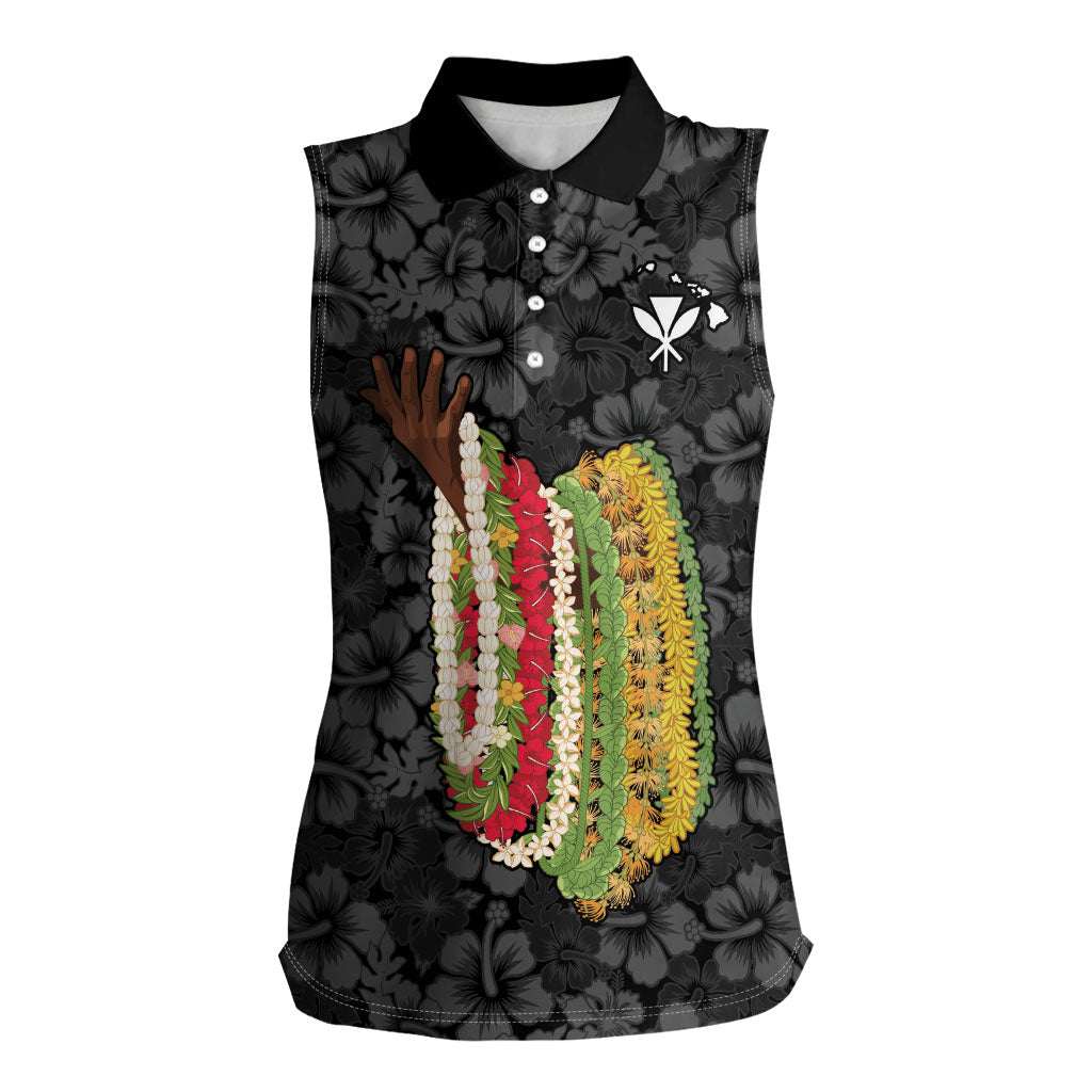 Hawaii Lei Kamehameha Women Sleeveless Polo Shirt Ele'ele Seamless Pattern Hibiscus Flower LT9 Female Black - Polynesian Pride