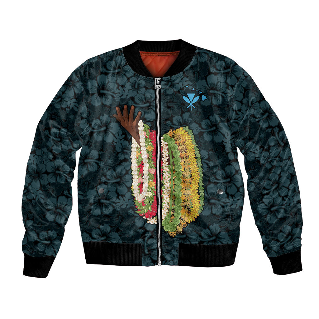 Hawaii Lei Kamehameha Bomber Jacket Uliuli Seamless Pattern Hibiscus Flower LT9 Unisex Blue - Polynesian Pride