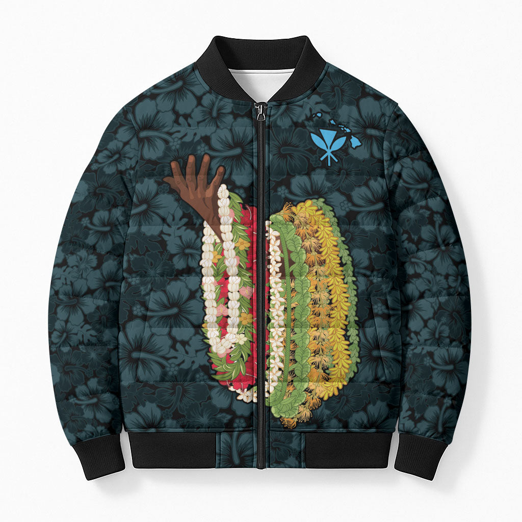 Hawaii Lei Kamehameha Bomber Puffer Jacket Uliuli Seamless Pattern Hibiscus Flower LT9 Unisex Blue - Polynesian Pride