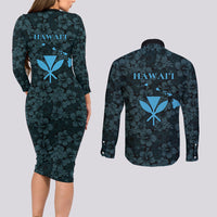Hawaii Lei Kamehameha Couples Matching Long Sleeve Bodycon Dress and Long Sleeve Button Shirt Uliuli Seamless Pattern Hibiscus Flower