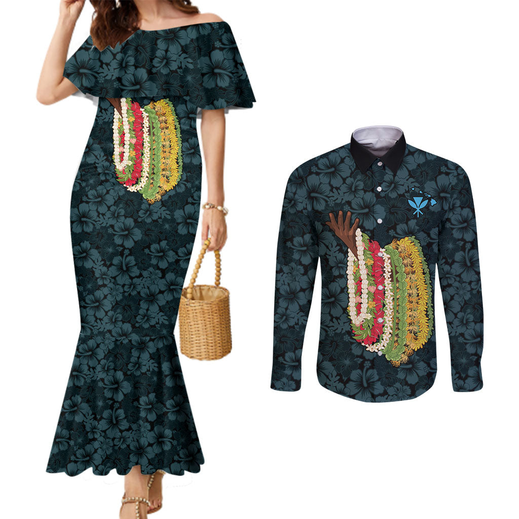 Hawaii Lei Kamehameha Couples Matching Mermaid Dress and Long Sleeve Button Shirt Uliuli Seamless Pattern Hibiscus Flower
