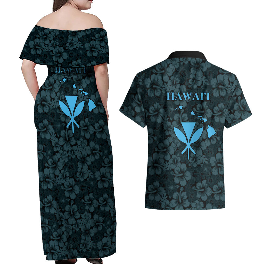 Hawaii Lei Kamehameha Couples Matching Off Shoulder Maxi Dress and Hawaiian Shirt Uliuli Seamless Pattern Hibiscus Flower