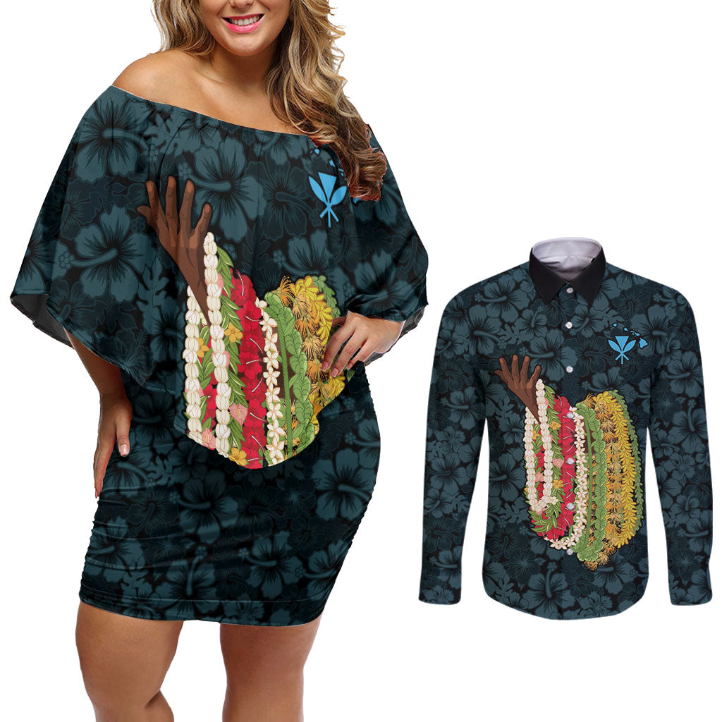 Hawaii Lei Kamehameha Couples Matching Off Shoulder Short Dress and Long Sleeve Button Shirt Uliuli Seamless Pattern Hibiscus Flower LT9 Blue - Polynesian Pride