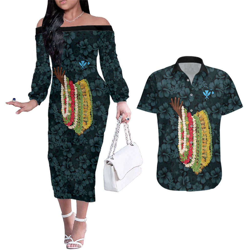 Hawaii Lei Kamehameha Couples Matching Off The Shoulder Long Sleeve Dress and Hawaiian Shirt Uliuli Seamless Pattern Hibiscus Flower LT9 Blue - Polynesian Pride