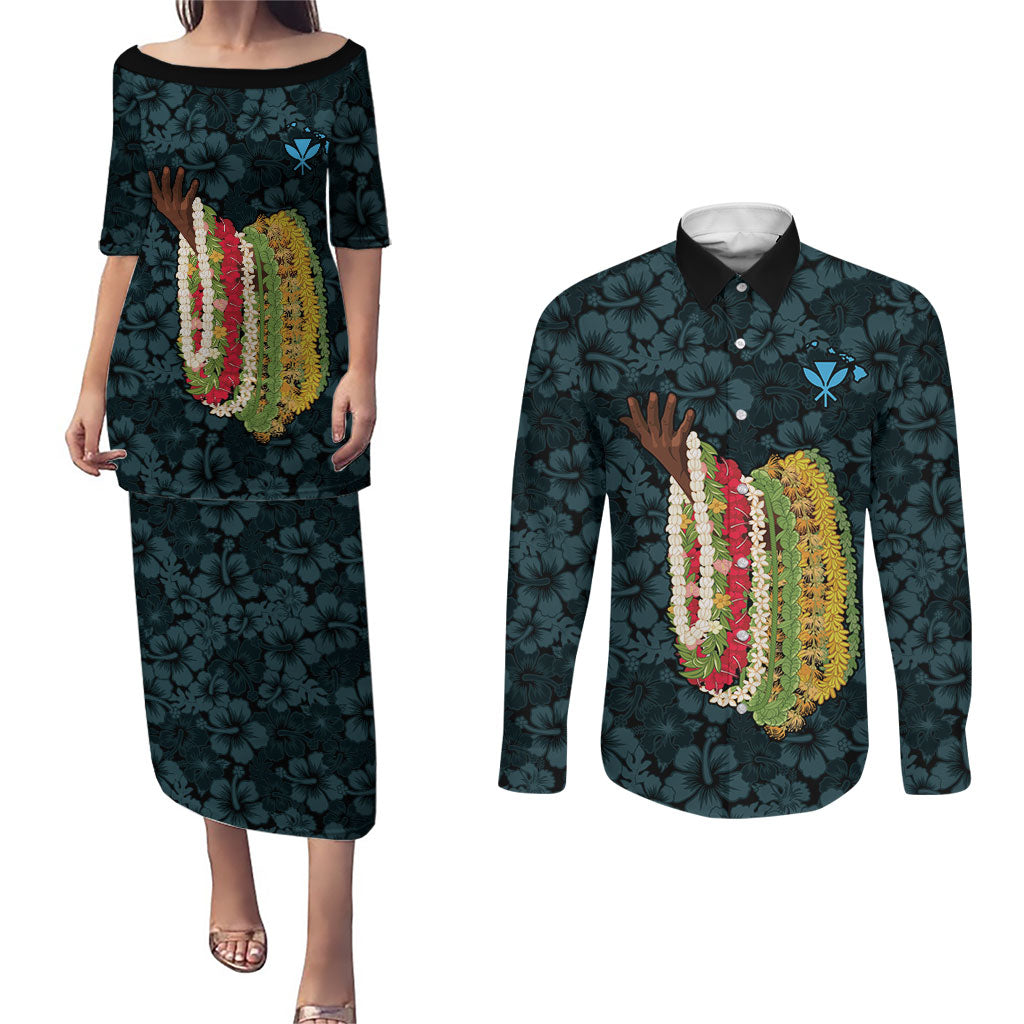 Hawaii Lei Kamehameha Couples Matching Puletasi and Long Sleeve Button Shirt Uliuli Seamless Pattern Hibiscus Flower LT9 Blue - Polynesian Pride
