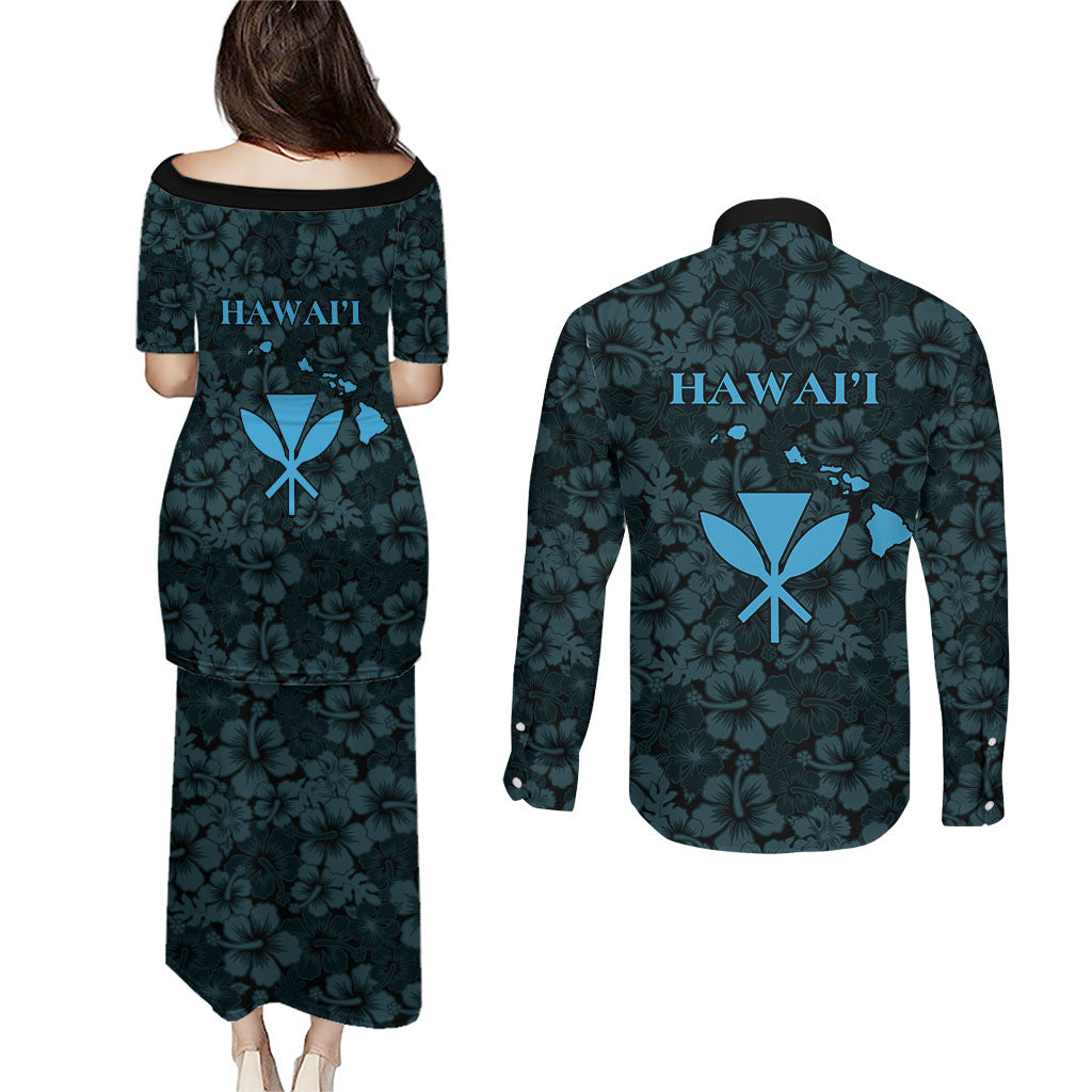 Hawaii Lei Kamehameha Couples Matching Puletasi and Long Sleeve Button Shirt Uliuli Seamless Pattern Hibiscus Flower