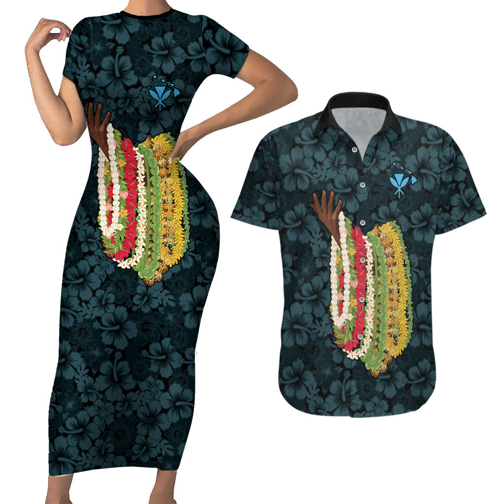 Hawaii Lei Kamehameha Couples Matching Short Sleeve Bodycon Dress and Hawaiian Shirt Uliuli Seamless Pattern Hibiscus Flower LT9 Blue - Polynesian Pride