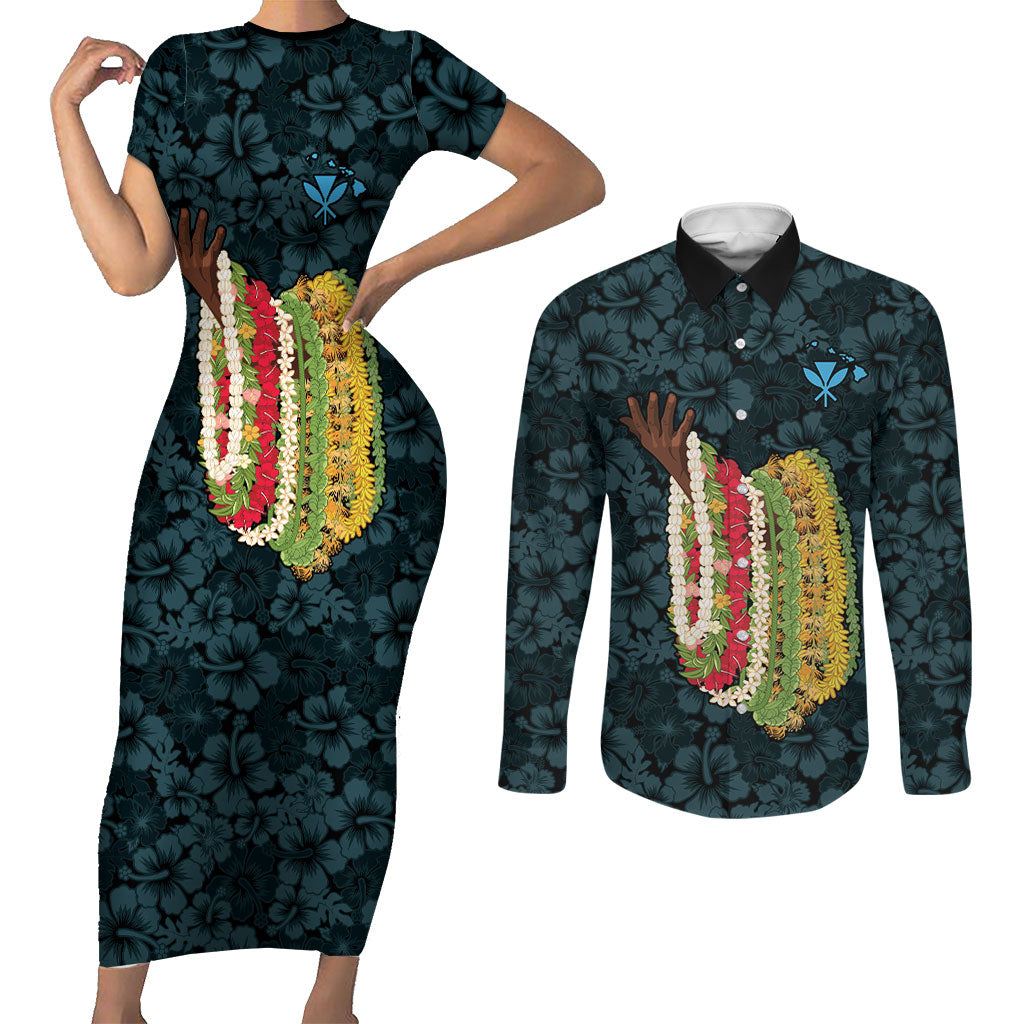 Hawaii Lei Kamehameha Couples Matching Short Sleeve Bodycon Dress and Long Sleeve Button Shirt Uliuli Seamless Pattern Hibiscus Flower