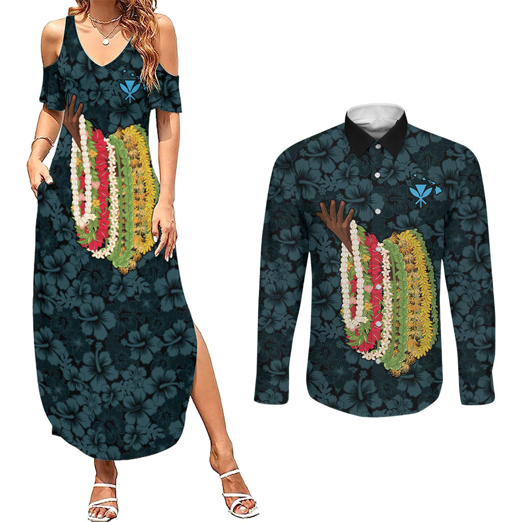 Hawaii Lei Kamehameha Couples Matching Summer Maxi Dress and Long Sleeve Button Shirt Uliuli Seamless Pattern Hibiscus Flower LT9 Blue - Polynesian Pride