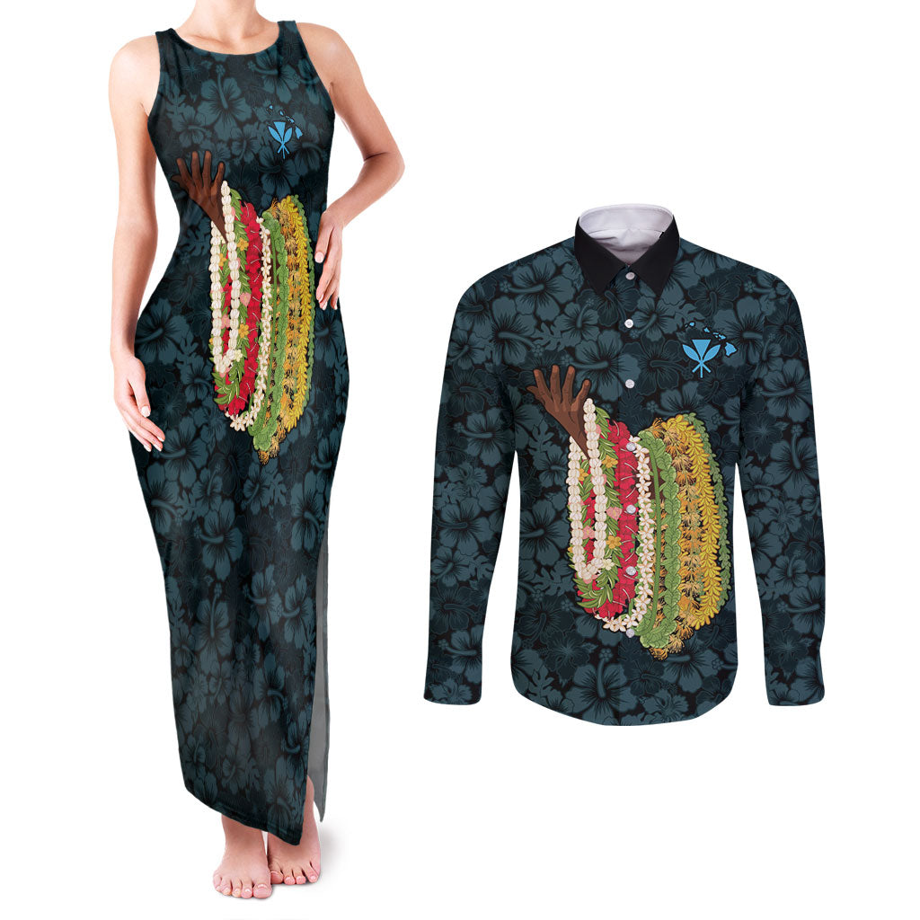 Hawaii Lei Kamehameha Couples Matching Tank Maxi Dress and Long Sleeve Button Shirt Uliuli Seamless Pattern Hibiscus Flower LT9 Blue - Polynesian Pride
