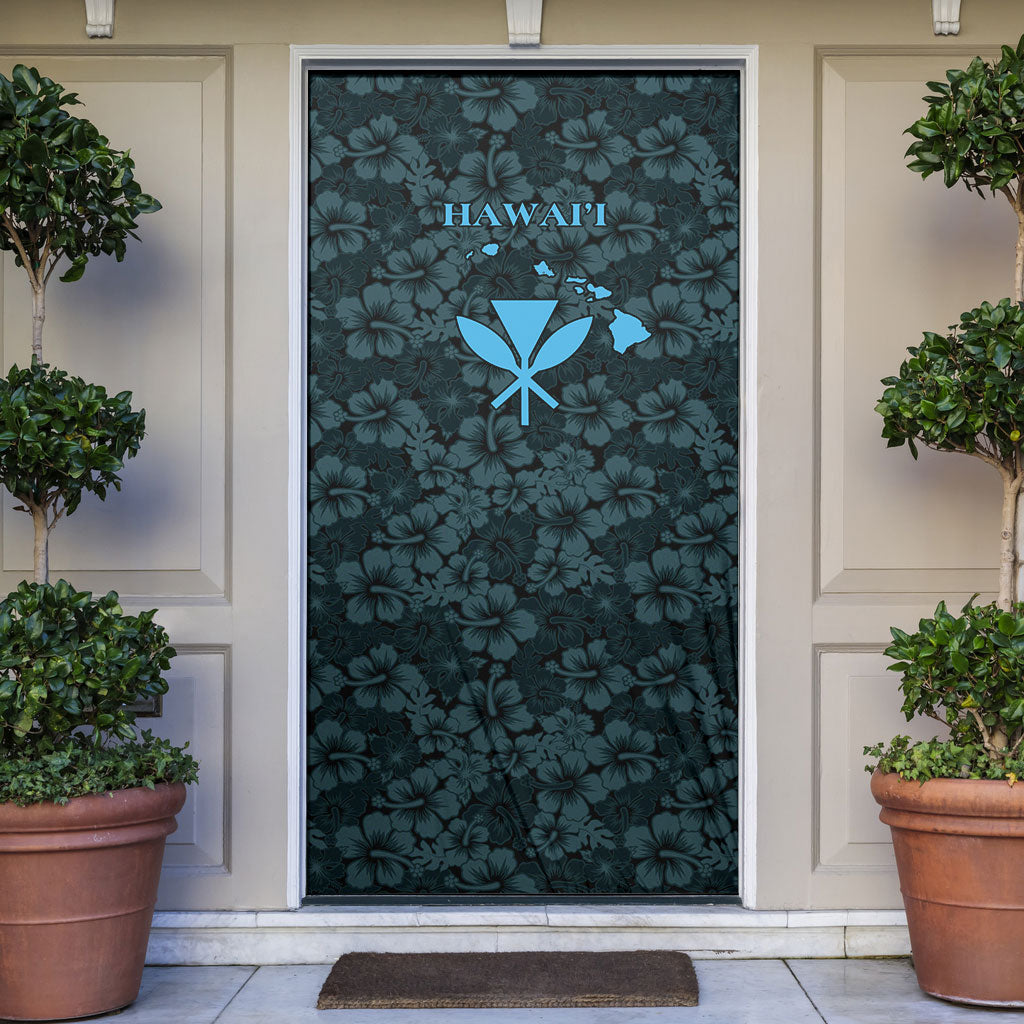 Hawaii Lei Kamehameha Door Cover Uliuli Seamless Pattern Hibiscus Flower LT9 Blue - Polynesian Pride