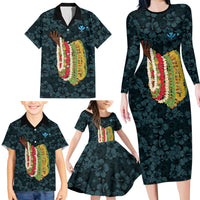 Hawaii Lei Kamehameha Family Matching Long Sleeve Bodycon Dress and Hawaiian Shirt Uliuli Seamless Pattern Hibiscus Flower