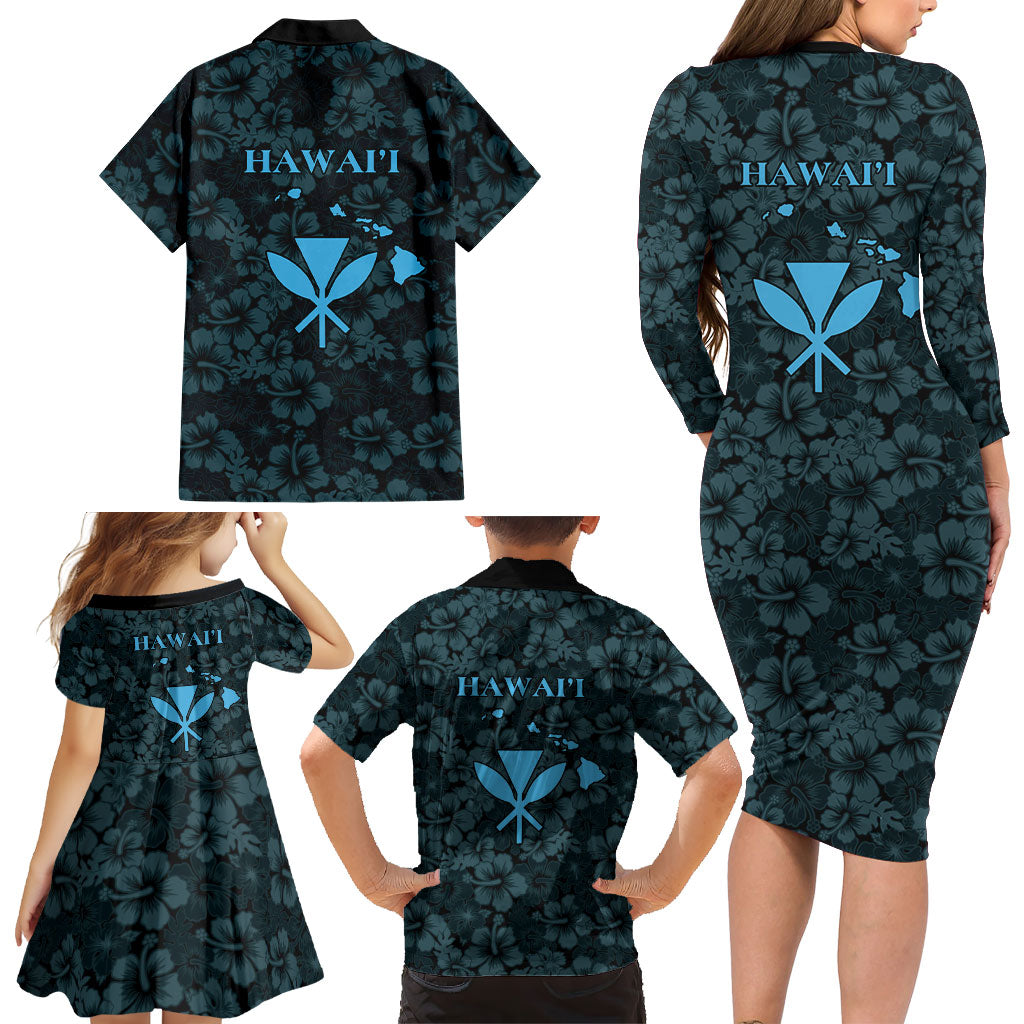 Hawaii Lei Kamehameha Family Matching Long Sleeve Bodycon Dress and Hawaiian Shirt Uliuli Seamless Pattern Hibiscus Flower