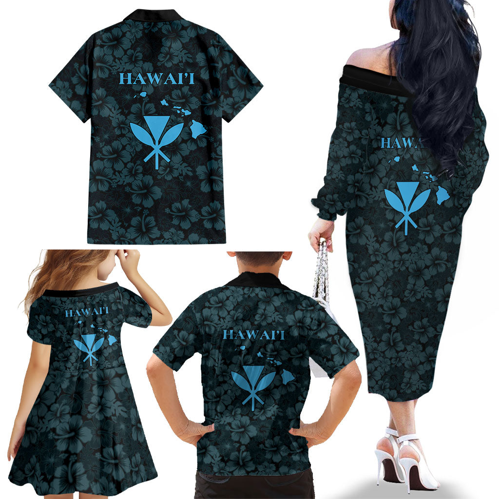 Hawaii Lei Kamehameha Family Matching Off The Shoulder Long Sleeve Dress and Hawaiian Shirt Uliuli Seamless Pattern Hibiscus Flower