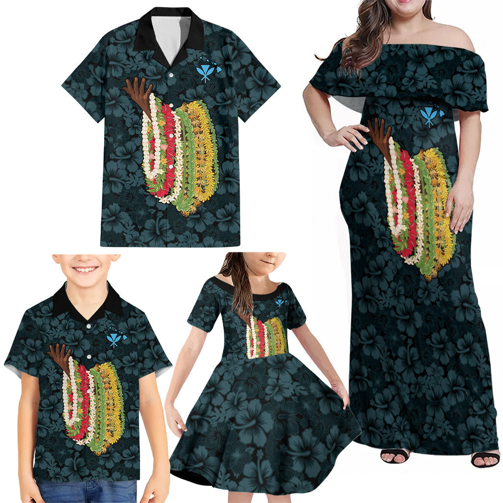 Hawaii Lei Kamehameha Family Matching Off Shoulder Maxi Dress and Hawaiian Shirt Uliuli Seamless Pattern Hibiscus Flower