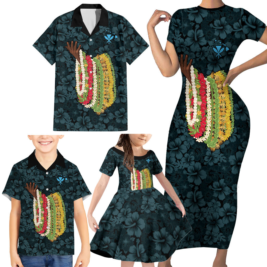 Hawaii Lei Kamehameha Family Matching Short Sleeve Bodycon Dress and Hawaiian Shirt Uliuli Seamless Pattern Hibiscus Flower