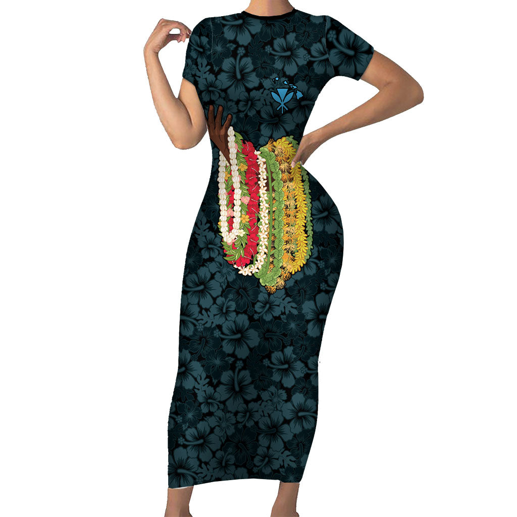 Hawaii Lei Kamehameha Family Matching Short Sleeve Bodycon Dress and Hawaiian Shirt Uliuli Seamless Pattern Hibiscus Flower