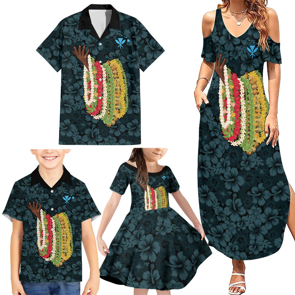 Hawaii Lei Kamehameha Family Matching Summer Maxi Dress and Hawaiian Shirt Uliuli Seamless Pattern Hibiscus Flower