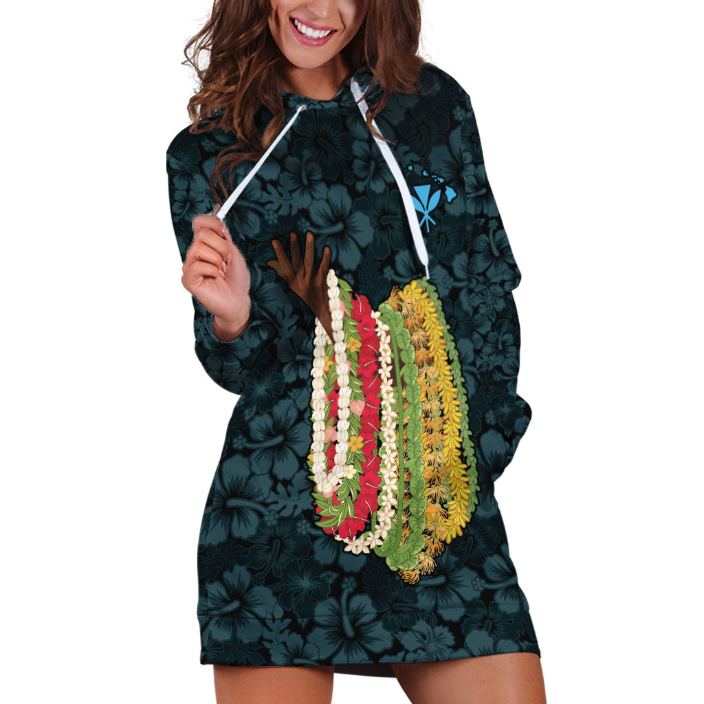 Hawaii Lei Kamehameha Hoodie Dress Uliuli Seamless Pattern Hibiscus Flower LT9 Blue - Polynesian Pride