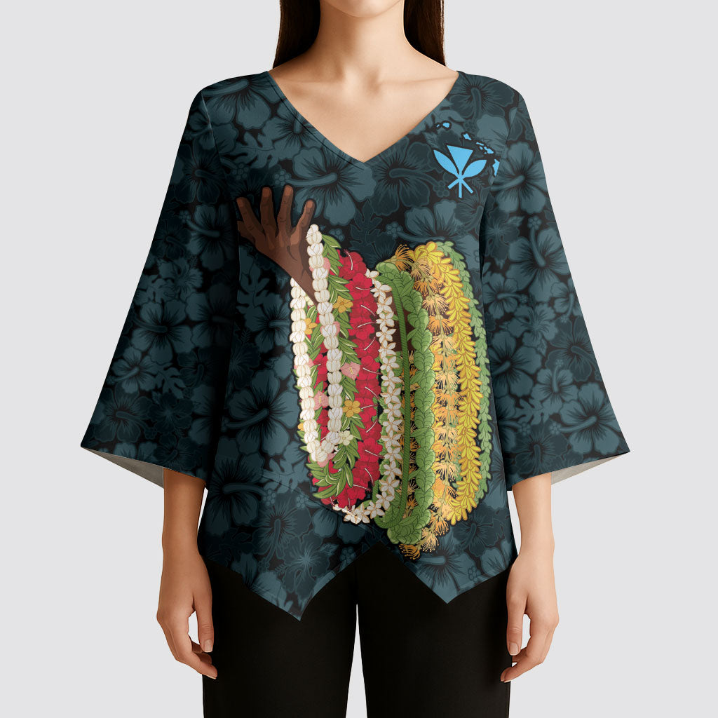 Hawaii Lei Kamehameha Kimono Sleeve Blouse Uliuli Seamless Pattern Hibiscus Flower