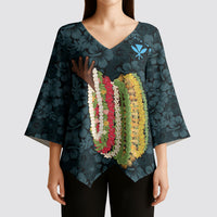 Hawaii Lei Kamehameha Kimono Sleeve Blouse Uliuli Seamless Pattern Hibiscus Flower