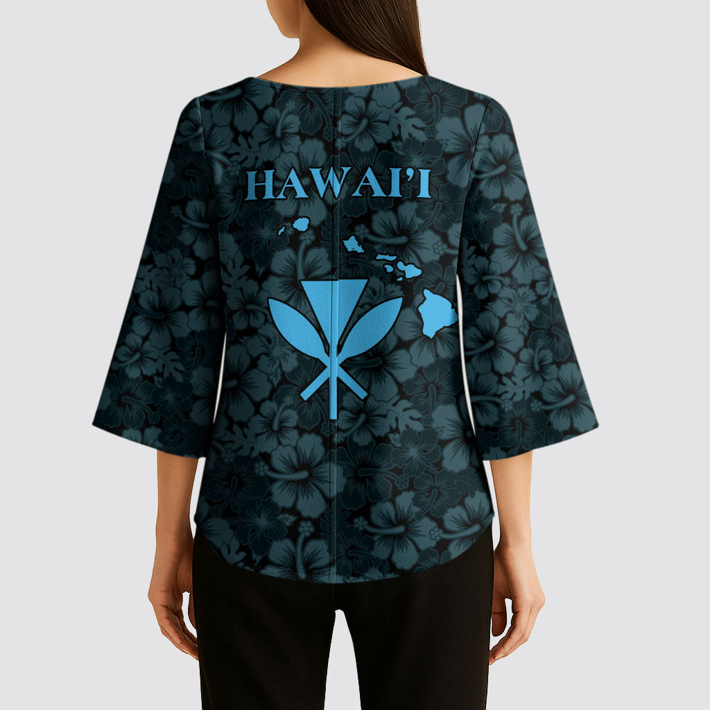 Hawaii Lei Kamehameha Kimono Sleeve Blouse Uliuli Seamless Pattern Hibiscus Flower