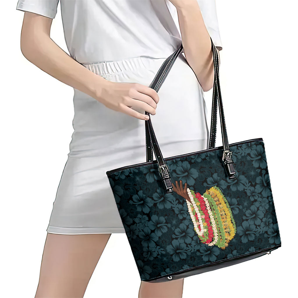 Hawaii Lei Kamehameha Leather Tote Bag Uliuli Seamless Pattern Hibiscus Flower